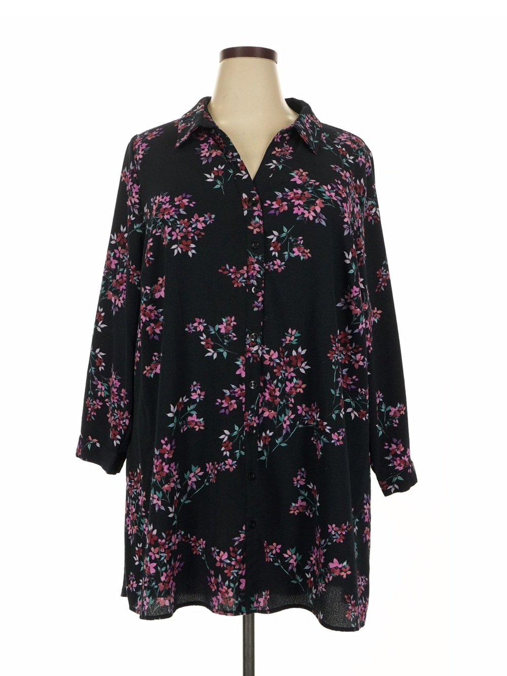 Floral Button-Front Blouse Tunic - Black with Pink Floral